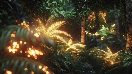 Sunlight illuminating leaves in a tropical rainforest, casting a beautiful glow on each detail of the greeneryの素材