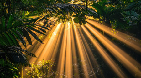 Sunlight streaming through rainforest canopy, casting golden light over vibrant green plants and enhancing the lush surroundingsの素材