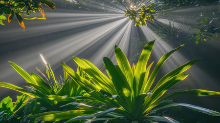 Sunlight streaming through rainforest canopy, casting golden light over vibrant green plants and enhancing the lush surroundingsの素材