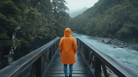 Woman in an orange raincoat standing on a wooden bridge over a river in the rain, looking down at the water with peaceful expressionの素材