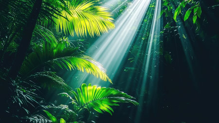 Sun rays piercing through thick rainforest canopy, highlighting the vibrant greens and lush vegetation with a natural spotlight effectの素材