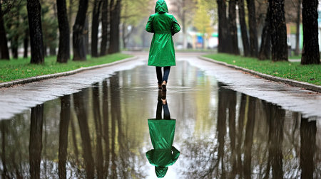Woman wearing a green raincoat, holding her hood, walking through an empty park on a rainy day with puddles reflecting her silhouetteの素材