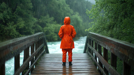 Woman in an orange raincoat standing on a wooden bridge over a river in the rain, looking down at the water with peaceful expressionの素材