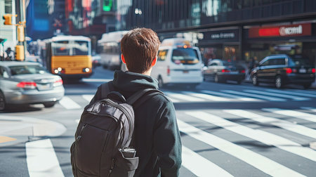 Young student with a backpack, waiting at a crosswalk on the way to school, watching cars pass on a bustling morningの素材