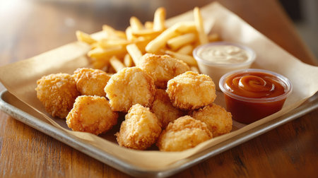 Breaded chicken nuggets and French fries on a tray, with dipping sauces on the side, set on a wooden tableの素材
