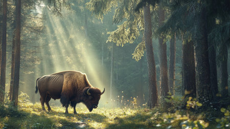 Bison grazing at the edge of a forest clearing, with sunlight filtering through the trees, creating a peaceful wild environmentの素材