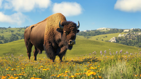 American bison with its head lowered, grazing in a field of wildflowers, with a backdrop of rolling hills and a clear blue skyの素材