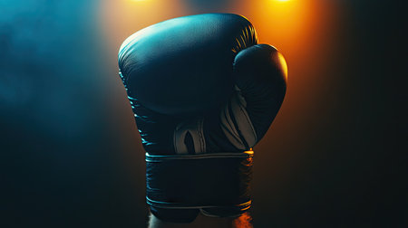 Boxer's gloved hands in a defensive stance close to the face, showing determination. Focus on gloves with strong lighting for intensity.の素材