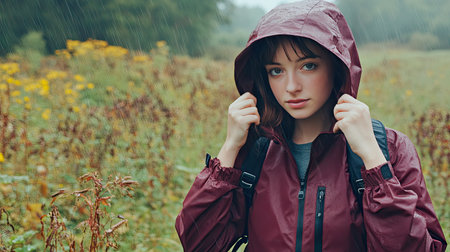 Woman wearing a dark maroon raincoat, holding her hood with a peaceful expression while walking through a rainy meadowの素材
