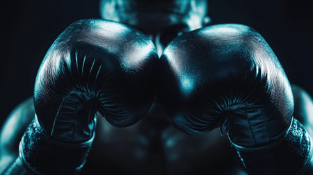 Boxer's gloved hands positioned close to face in a defensive stance, showing focus. Background is dark, with soft light on gloves.の素材