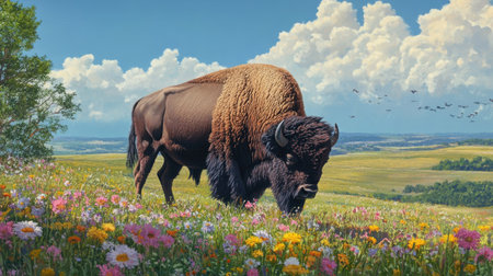 American bison with its head lowered, grazing in a field of wildflowers, with a backdrop of rolling hills and a clear blue skyの素材