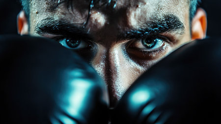 Boxer's face partially obscured by gloves in a close-up shot, eyes focused and intense. Lighting enhances mood and highlights the gloves.の素材
