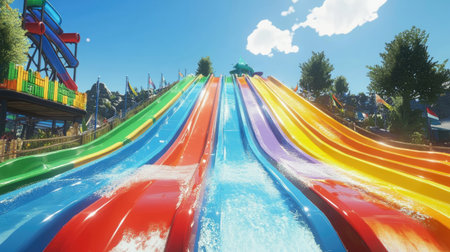 A set of colorful racing slides with steep drops, each lane a different color, facing a large splash pool at the bottomの素材