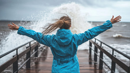 Woman in a blue raincoat standing on a pier with her arms outstretched, embracing the rain as waves crash below herの素材