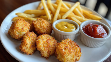 A serving of crunchy chicken nuggets paired with French fries, arranged neatly with small bowls of ketchup and honey mustard for dippingの素材