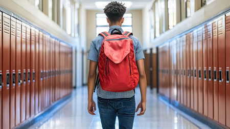 Young student with a big backpack walking down the school corridor, ready for a day of classes, with lockers lining the wallsの素材