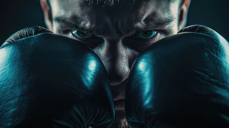 Boxer's gloved fists positioned in front of their face, showing strength and readiness. Expression is fierce, lighting is moody and focused.の素材