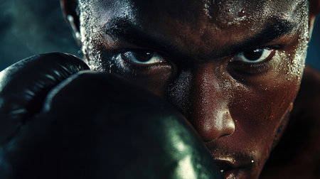 Close-up of a boxer with one glove near their face, eyes fixed in focus. Background is dark, spotlight on their gloves and determined expression.の素材