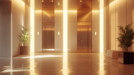 Brightly lit elevator with polished doors in a modern office lobby, surrounded by clean walls and a subtle floor patternの素材