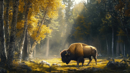 Bison grazing at the edge of a forest clearing, with sunlight filtering through the trees, creating a peaceful wild environmentの素材