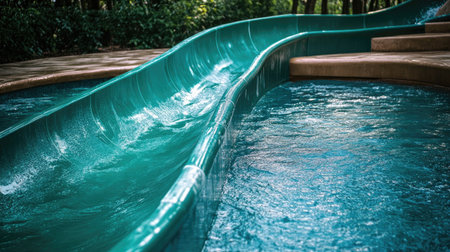 Close-up of an empty slide's curve, painted in a deep green with water flowing down, leading into a sparkling blue poolの素材