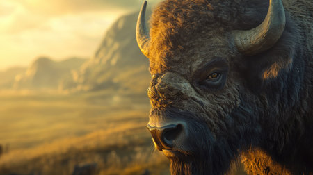 Close-up of a bison's weathered face, with details of its fur and horns, set against a blurred prairie and mountain backdrop in warm lightの素材