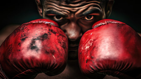 Boxer's gloved hands in a defensive stance close to the face, showing determination. Focus on gloves with strong lighting for intensity.の素材