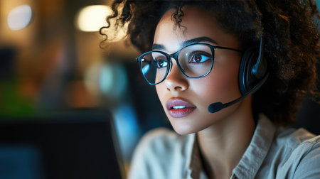 Close-up of a focused female call center agent with headset, looking at her screen attentively. Soft lighting highlights her professional look.の素材