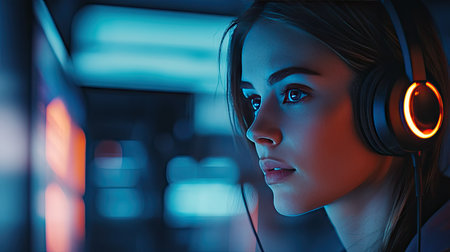 Call center woman in headset, gazing thoughtfully into the screen while she assists a customer. Background shows a modern workspace.の素材
