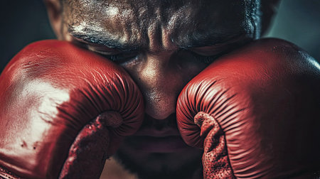 Close-up of a boxer's gloved hands resting on their face after a fight, eyes closed, showing exhaustion and strength.の素材