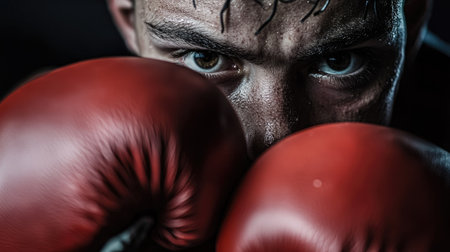 Close-up of a boxer with one glove near their face, eyes fixed in focus. Background is dark, spotlight on their gloves and determined expression.の素材