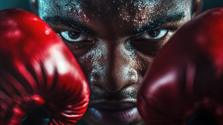 Close-up of a boxer's face partially obscured by gloved fists, ready stance. Strong shadows emphasize the powerful pose and focus.の素材