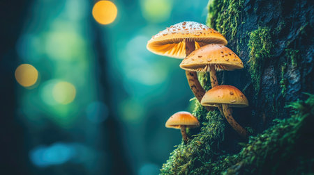 Brown-capped mushrooms sprouting from a moss-covered tree trunk in the heart of a dense forest, with diffused light highlighting the fungiの素材
