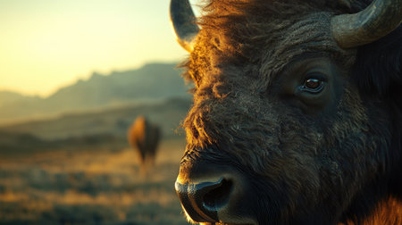 Close-up of a bison's weathered face, with details of its fur and horns, set against a blurred prairie and mountain backdrop in warm lightの素材