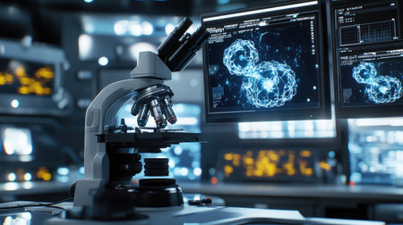 Close-up of a microscope in a nanotech lab, with digital screens displaying detailed atomic visuals, clean lab surfacesの素材