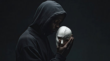 Man in a black hoodie holding a white mask at chest level, with his face partially hidden, set against a dark backgroundの素材