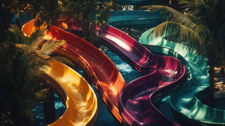 Multi-colored tube slides with intricate twists and turns, arranged side by side, set in a tropical-themed water parkの素材