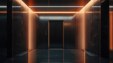 Modern elevator in a sleek office building, polished surfaces, clear floor indicator, and ambient lightingの素材