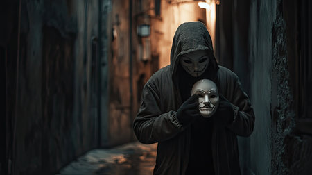Mysterious figure in a hoodie holding a white mask close to his chest, standing in a dark alley with low, moody lightingの素材