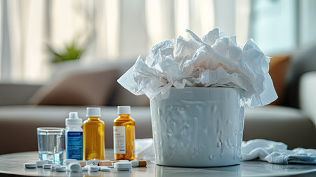Pile of used tissues in a small waste bin, surrounded by medicine bottles and a glass of water, in a soft home settingの素材