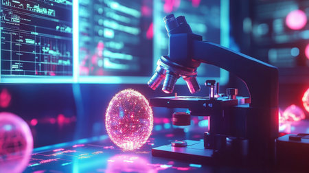 Modern microscope with nanotechnology samples, surrounded by glowing digital screens and advanced lab tools in a research settingの素材