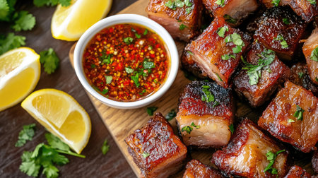 Plate of crispy pork belly with a small bowl of spicy dipping sauce, surrounded by garnish and lemon wedges for added colorの素材