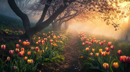 Rows of vibrant tulips, blanketed by light morning fog, creating a dreamy contrast between color and mistの素材