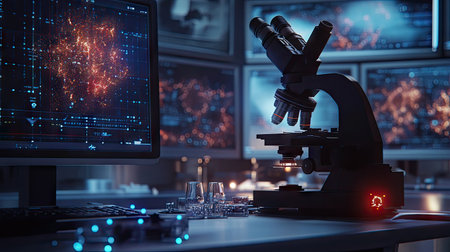 Scientific microscope focused on nanotech samples, with digital data monitors showing intricate molecular structures in a sterile labの素材