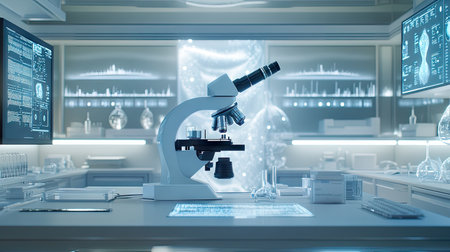 Scientific microscope with nanotechnology samples, digital data screens, and a bright, clean laboratory settingの素材
