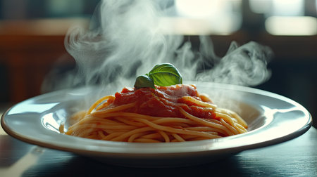 Plate of steaming spaghetti topped with tomato sauce, visible steam adding warmth, on a dark wooden table with basil garnishの素材