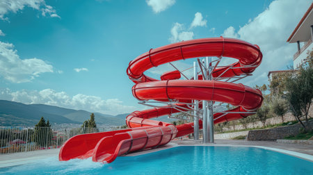 Spiraling red water slide with steep turns, set against a sunny sky, ending in a large, clear pool at the base of the slideの素材