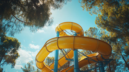 Tall, steep water slide in a vibrant yellow, set against a backdrop of green trees and a bright blue sky at an outdoor water parkの素材