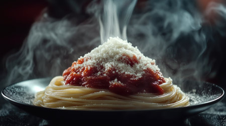 Steaming spaghetti in thick tomato sauce with parmesan garnish, on a moody dark background, creating a cozy, appetizing sceneの素材