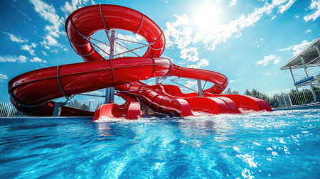 Spiraling red water slide with steep turns, set against a sunny sky, ending in a large, clear pool at the base of the slideの素材